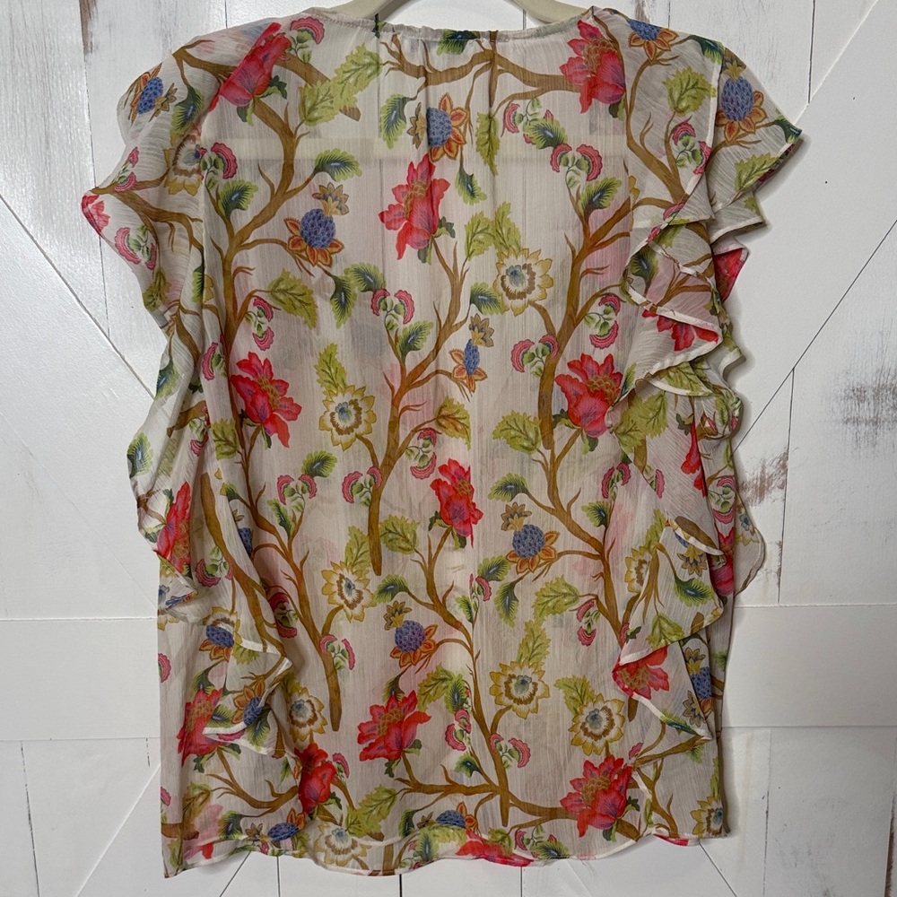 Rose & Olive Sheer Floral V Neck Ruffle Top White Pink Green - Picture 5 of 7